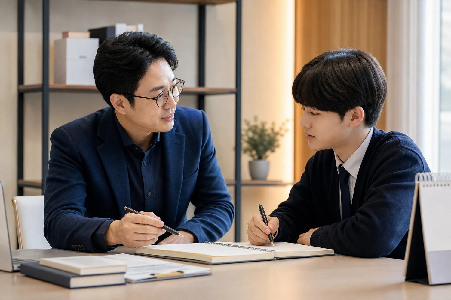 노하승 코치와 학생이 목표와 계획을 정리하는 1:1 교육형 코칭 연출 이미지