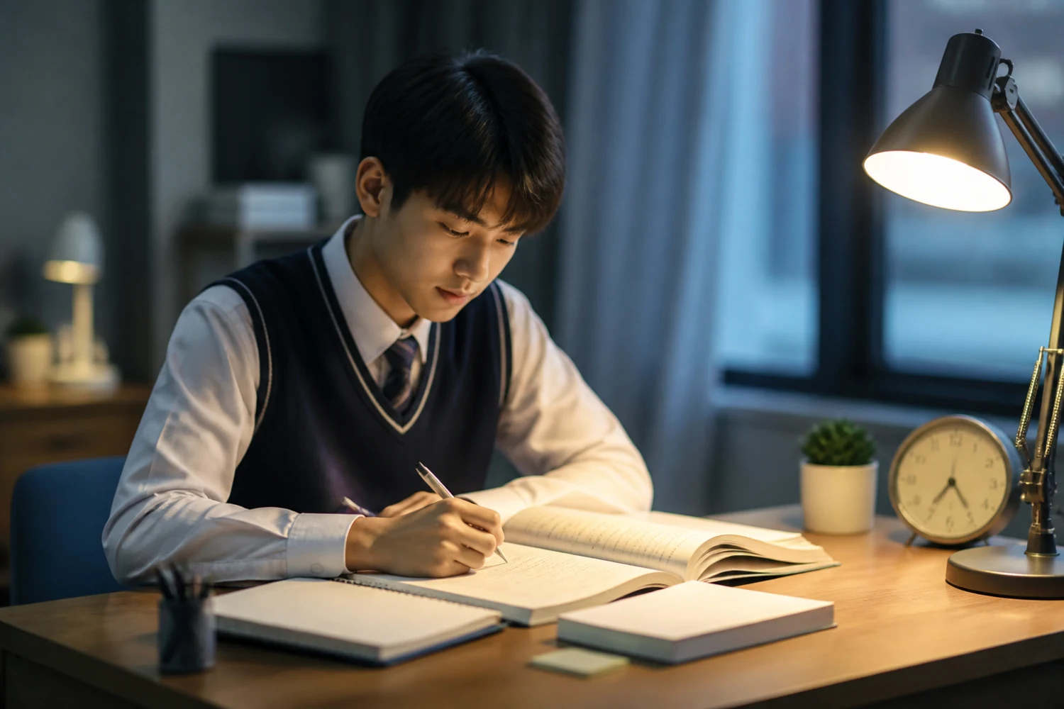 책상에서 차분히 시험공부를 하는 학생 연출 이미지